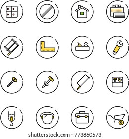 line vector icon set - baggage room vector, no limit road sign, home, sea hotel, bucksaw, corner ruler, jointer, wrench, screw, nail dowel, metal hacksaw, tool box, winch, protect glass, wheelbarrow