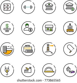 line vector icon set - baggage room vector, barbell, bank, account, store, building, hotel, sea, lighthouse, fretsaw, winch, stapler, construction helmet, constructor blocks