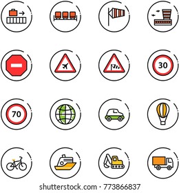 line vector icon set - baggage vector, waiting area, side wind, airport building, no way road sign, speed limit 30, 70, globe, car, air balloon, bike, cruiser, excavator toy, truck