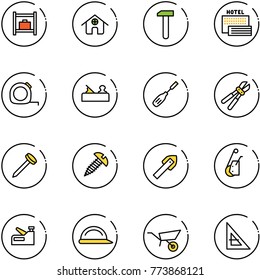 line vector icon set - baggage room vector, home, work, sea hotel, measuring tape, jointer, chisel, bolt cutter, nail, screw, tile drill, winch, stapler, construction helmet, wheelbarrow