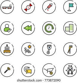 line vector icon set - baggage truck vector, candy, firework rocket, flag, user check, fast backward, clock around, building, bank, beach, piston, plumber, screw, machine tool, wheelbarrow, robot