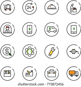 line vector icon set - baggage vector, 24 hours, client bell, baby room, officer window, mobile payment, encashment car, money click, gear globe, wrench, jack, tool box, stapler, truck toy