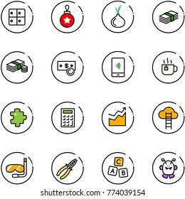 line vector icon set - baggage room vector, christmas ball, onion, dollar, cash, mobile payment, hot tea, puzzle, calculator, growth, cloud ladder, diving, pliers, abc cube, toy monster