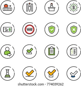 line vector icon set - baggage vector, metal detector gate, recieptionist, dollar sun, check, customs road sign, shield, cross, user login, clipboard, list, chess queen