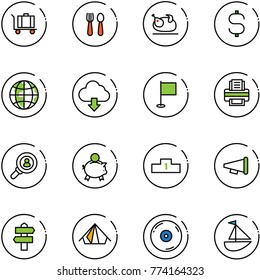 line vector icon set - baggage vector, spoon and fork, turkey, dollar sign, globe, download cloud, flag, printer, head hunter, piggy bank, pedestal, speaker horn, signpost, tent, cd, sailboat toy