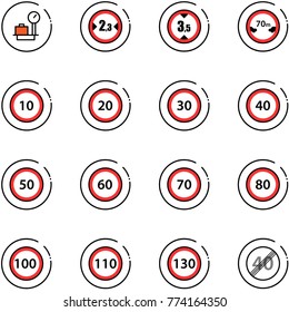 line vector icon set - baggage scales vector, limited width road sign, height, distance, speed limit 10, 20, 30, 40, 50, 60, 70, 80, 100, 110, 130, end