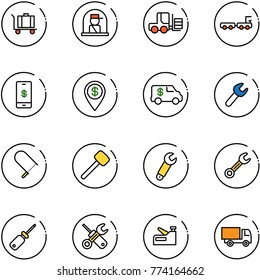 line vector icon set - baggage vector, officer window, fork loader, truck, mobile payment, dollar pin, encashment car, wrench, fretsaw, rubber hammer, screwdriver, stapler, toy