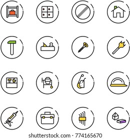 line vector icon set - baggage room vector, no limit road sign, home, work, jointer, screw, wood drill, tool box, cocncrete mixer, winch, construction helmet, gun sealant, allen key set