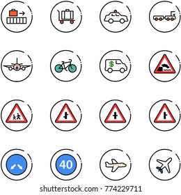 line vector icon set - baggage vector, safety car, truck, plane, bike, encashment, embankment road sign, children, intersection, detour, minimal speed limit