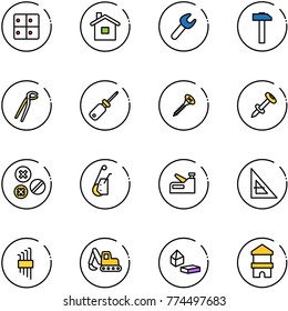 line vector icon set - baggage room vector, home, wrench, hammer, plumber, screwdriver, screw, nail dowel, rivet, winch, stapler, corner ruler, allen key set, excavator toy, constructor blocks