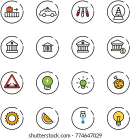 line vector icon set - baggage vector, safety car, garland, snowball tree, bank, account, drawbridge road sign, idea, bulb, moon flag, sun, watermelone, laser