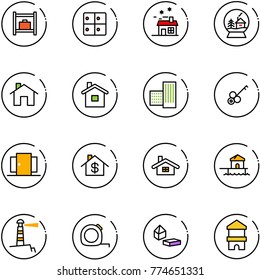 line vector icon set - baggage room vector, house, snowball, home, building, key, doors, dollar, bungalow, lighthouse, measuring tape, constructor blocks, toy block