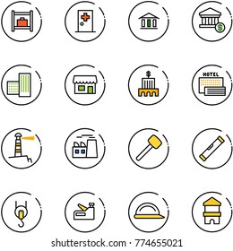 line vector icon set - baggage room vector, first aid, bank, account, building, store, sea hotel, lighthouse, plant, rubber hammer, level, winch, stapler, construction helmet, toy block house