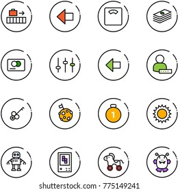 line vector icon set - baggage vector, left arrow, floor scales, dollar, credit card, settings, user password, key, moon flag, gold medal, sun, robot, game console, wheel horse, toy monster