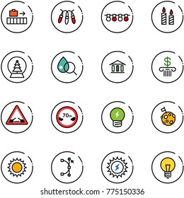 line vector icon set - baggage vector, garland, candle, snowball tree, blood test, bank, drawbridge road sign, limited distance, idea, moon flag, sun, bezier, power, bulb