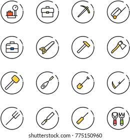 line vector icon set - baggage scales vector, portfolio, job, suitcase, case, saw, hammer, axe, rubber, chisel, shovel, scythe, farm fork, rasp, awl, toy