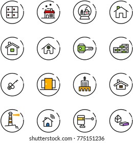 line vector icon set - baggage room vector, house, snowball, home, key, brick wall, doors, bank building, lighthouse, wireless, laser lever, constructor blocks
