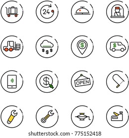 line vector icon set - baggage vector, 24 hours, client bell, officer window, fork loader, money rain, dollar pin, encashment car, mobile payment, click, open, fretsaw, wrench, jack, stapler