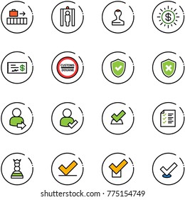 line vector icon set - baggage vector, metal detector gate, stamp, dollar sun, check, customs road sign, shield, cross, user login, list, chess queen