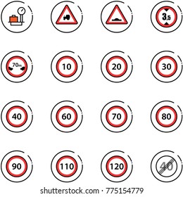 line vector icon set - baggage scales vector, tractor way road sign, artificial unevenness, limited height, distance, speed limit 10, 20, 30, 40, 60, 70, 80, 90, 110, 120, end