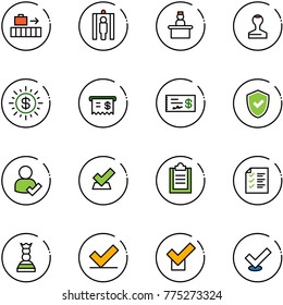 line vector icon set - baggage vector, metal detector gate, recieptionist, stamp, dollar sun, receipt, check, shield, user, clipboard, list, chess queen