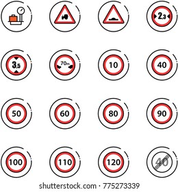 line vector icon set - baggage scales vector, tractor way road sign, artificial unevenness, limited width, height, distance, speed limit 10, 40, 50, 60, 80, 90, 100, 110, 120, end