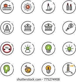 line vector icon set - baggage vector, sun, candle, snowball tree, bank, money torch, limited distance road sign, idea, bulb, head, moon flag, business, lighthouse