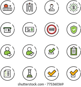 line vector icon set - baggage vector, metal detector gate, stamp, dollar sun, receipt, check, customs road sign, shield, user login, clipboard, list, chess queen