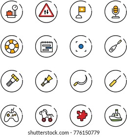 line vector icon set - baggage scales vector, oncoming traffic road sign, flag, microphone, lifebuoy, terms plan, record button, chisel, bolt, dowel, sickle, awl, joystick, wheel horse, puzzle