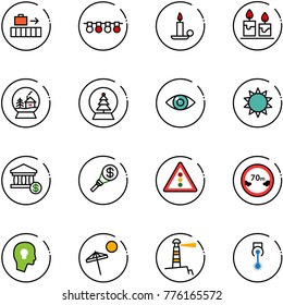 line vector icon set - baggage vector, garland, candle, snowball house, tree, eye, sun, account, money torch, traffic light road sign, limited distance, head bulb, beach, lighthouse, laser