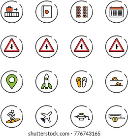 line vector icon set - baggage vector, passport, plane seats, schedule, intersection road sign, map pin, rocket, flip flops, surfing, jack, trailer