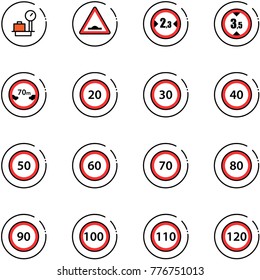 line vector icon set - baggage scales vector, artificial unevenness road sign, limited width, height, distance, speed limit 20, 30, 40, 50, 60, 70, 80, 90, 100, 110, 120