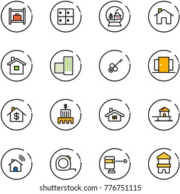 line vector icon set - baggage room vector, snowball house, home, building, key, doors, dollar, bank, bungalow, wireless, measuring tape, laser lever, toy block