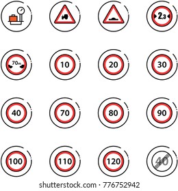 line vector icon set - baggage scales vector, tractor way road sign, artificial unevenness, limited width, distance, speed limit 10, 20, 30, 40, 70, 80, 90, 100, 110, 120, end