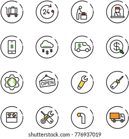 line vector icon set - baggage vector, 24 hours, baby room, officer window, mobile payment, money rain, encashment car, click, gear globe, open, wrench, screwdriver, tool box, allen key, truck toy