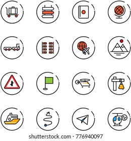 line vector icon set - baggage vector, sign post, passport, globe, truck, plane seats, mountains, intersection road, flag, helicopter, ship bell, cruiser, trip, paper, toy