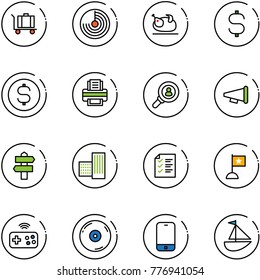 line vector icon set - baggage vector, radar, turkey, dollar sign, coin, printer, head hunter, speaker horn, signpost, building, list, flag, joystick wireless, cd, mobile phone, sailboat toy