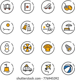 line vector icon set - baggage vector, passport, trap truck, coconut cocktail, lounger, flippers, palm, inflatable pool, swimsuit, parasol, shell, sand castle, car, kite, beach ball