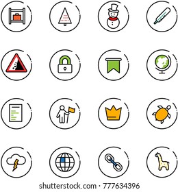 line vector icon set - baggage room vector, christmas tree, snowman, thermometer, landslide road sign, locked, flag, globe, document, win, crown, sea turtle, storm, link, toy giraffe
