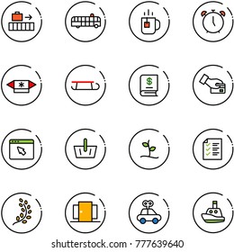 line vector icon set - baggage vector, airport bus, tea, alarm clock, candy, sleigh, annual report, card pay, cursor browser, basket, sproute, list, golden branch, doors, car toy, boat
