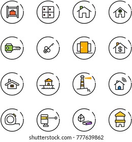 line vector icon set - baggage room vector, home, key, doors, dollar, bungalow, lighthouse, wireless, measuring tape, laser lever, constructor blocks, toy block house
