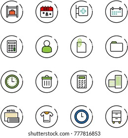 line vector icon set - baggage room vector, christmas calendar, first aid, schedule, calculator, user, attachment, folder, time, trash bin, building, sea hotel, t shirt, clock, tool cabinet