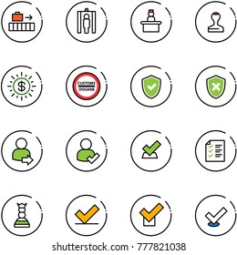 line vector icon set - baggage vector, metal detector gate, recieptionist, stamp, dollar sun, customs road sign, shield check, cross, user login, list, chess queen