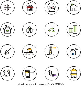 line vector icon set - baggage room vector, house, snowball, home, brick wall, building, key, bungalow, lighthouse, wireless, measuring tape, laser lever, constructor blocks, toy block