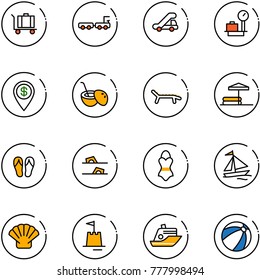 line vector icon set - baggage vector, truck, trap, scales, dollar pin, coconut cocktail, lounger, inflatable pool, flip flops, swimsuit, sail boat, shell, sand castle, cruiser, beach ball