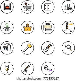 line vector icon set - baggage room vector, airport building, hospital, bank, sand fort, sea hotel, lighthouse, plant, rubber hammer, bolt cutter, cocncrete mixer, winch, gun sealant