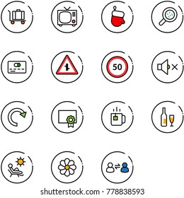 line vector icon set - baggage vector, tv, christmas glove, bacteria, credit card, intersection road sign, speed limit 50, volume off, redo, certificate, green tea, wine, beach, flower