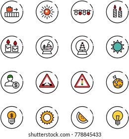 line vector icon set - baggage vector, sun, garland, candle, snowball house, tree, account, drawbridge road sign, traffic light, moon flag, business idea, watermelone, bulb