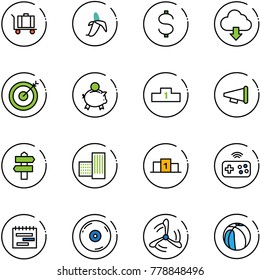 line vector icon set - baggage vector, banana, dollar, download cloud, target, piggy bank, pedestal, speaker horn, signpost, building, joystick wireless, terms plan, cd, wind mill, basketball