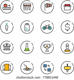 line vector icon set - baggage vector, duty free, side wind, gift, carrot, pills bottle, bike, dollar sign, bank, flask, gold cup, pawn, doors, fishing, data exchange, crown drill